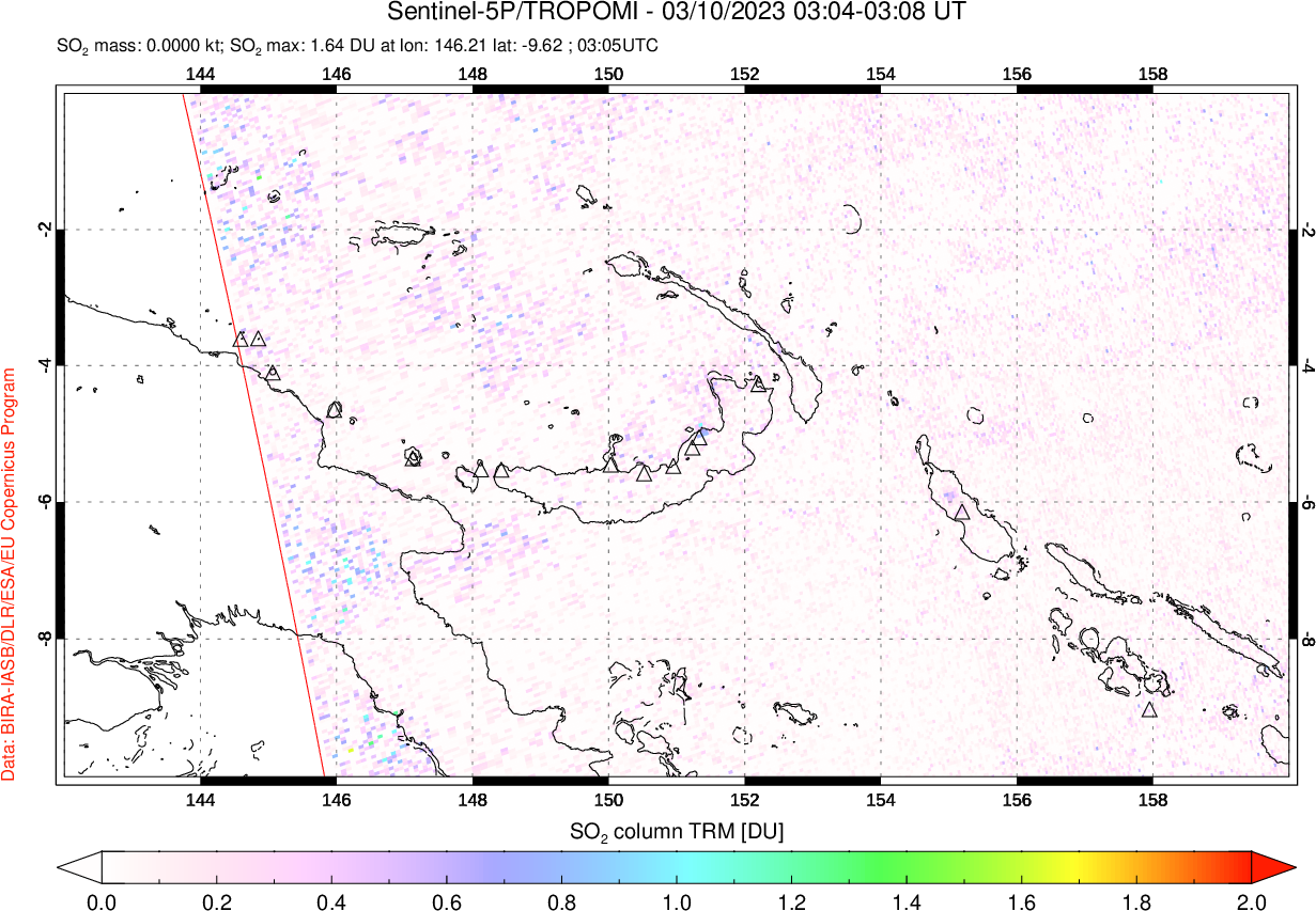 A sulfur dioxide image over Papua, New Guinea on Mar 10, 2023.