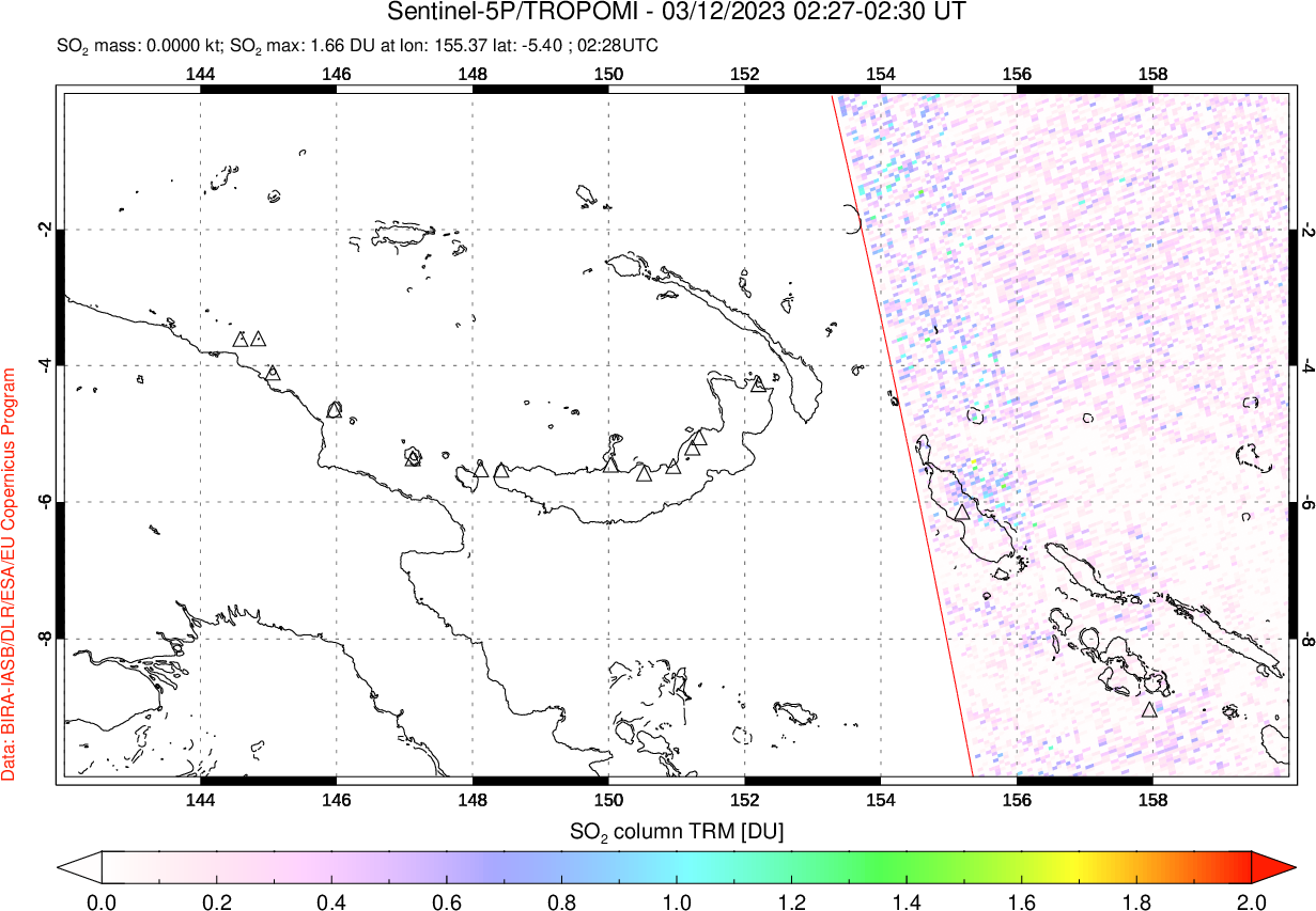 A sulfur dioxide image over Papua, New Guinea on Mar 12, 2023.