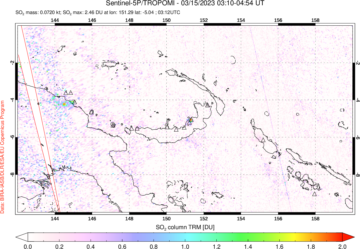 A sulfur dioxide image over Papua, New Guinea on Mar 15, 2023.