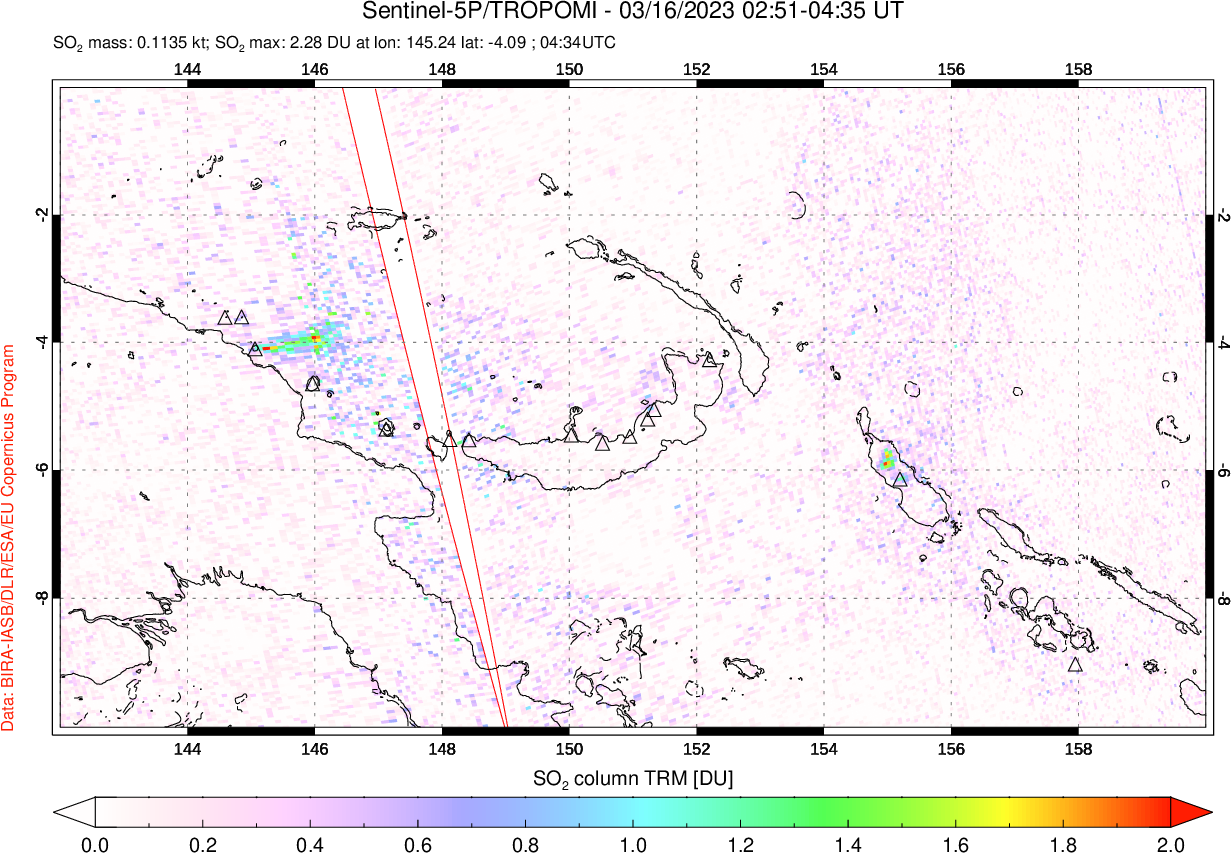 A sulfur dioxide image over Papua, New Guinea on Mar 16, 2023.