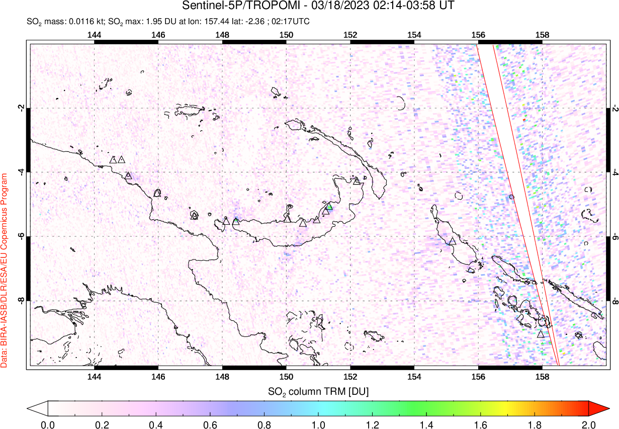 A sulfur dioxide image over Papua, New Guinea on Mar 18, 2023.