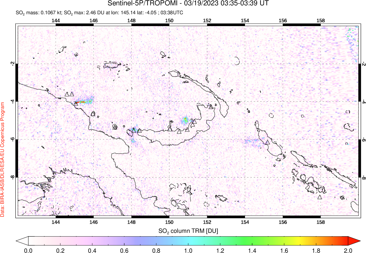A sulfur dioxide image over Papua, New Guinea on Mar 19, 2023.