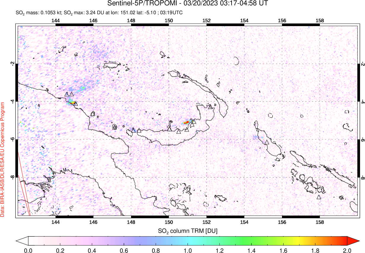 A sulfur dioxide image over Papua, New Guinea on Mar 20, 2023.