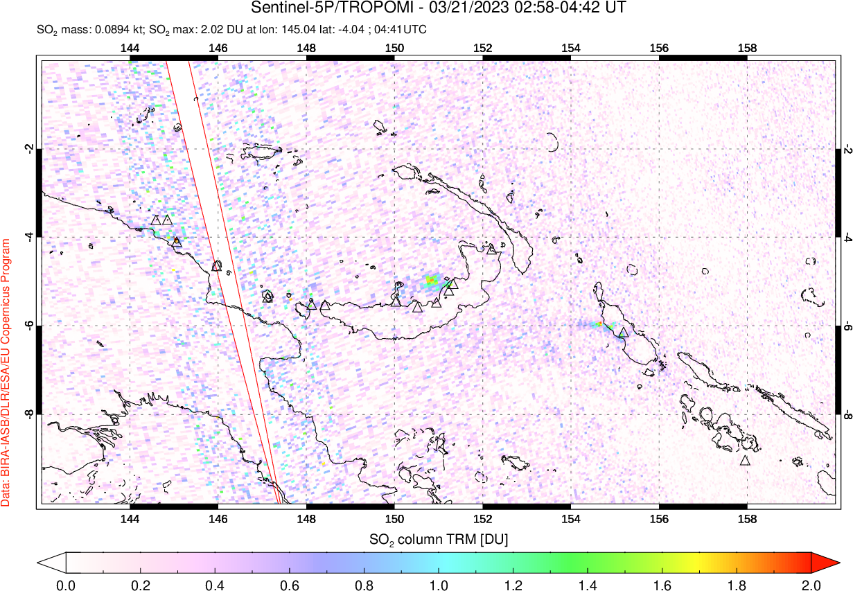 A sulfur dioxide image over Papua, New Guinea on Mar 21, 2023.