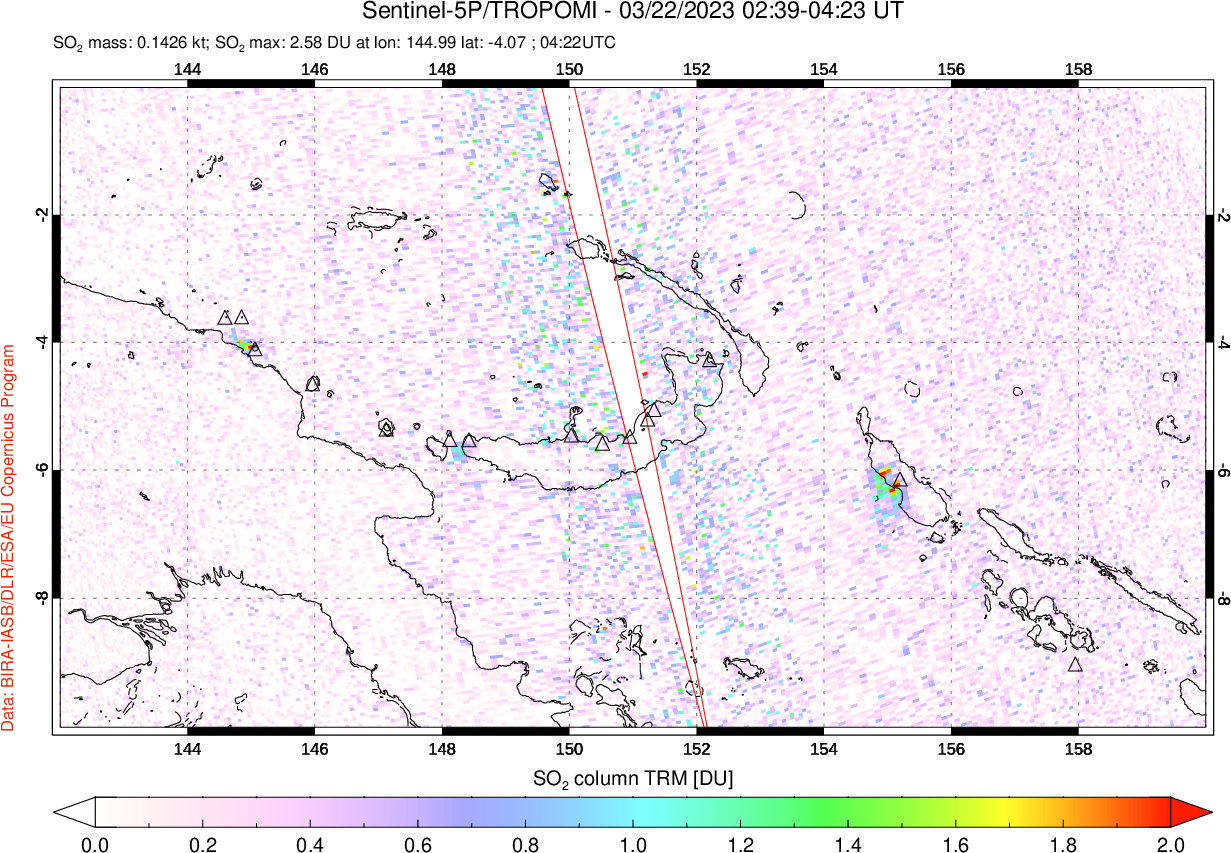 A sulfur dioxide image over Papua, New Guinea on Mar 22, 2023.