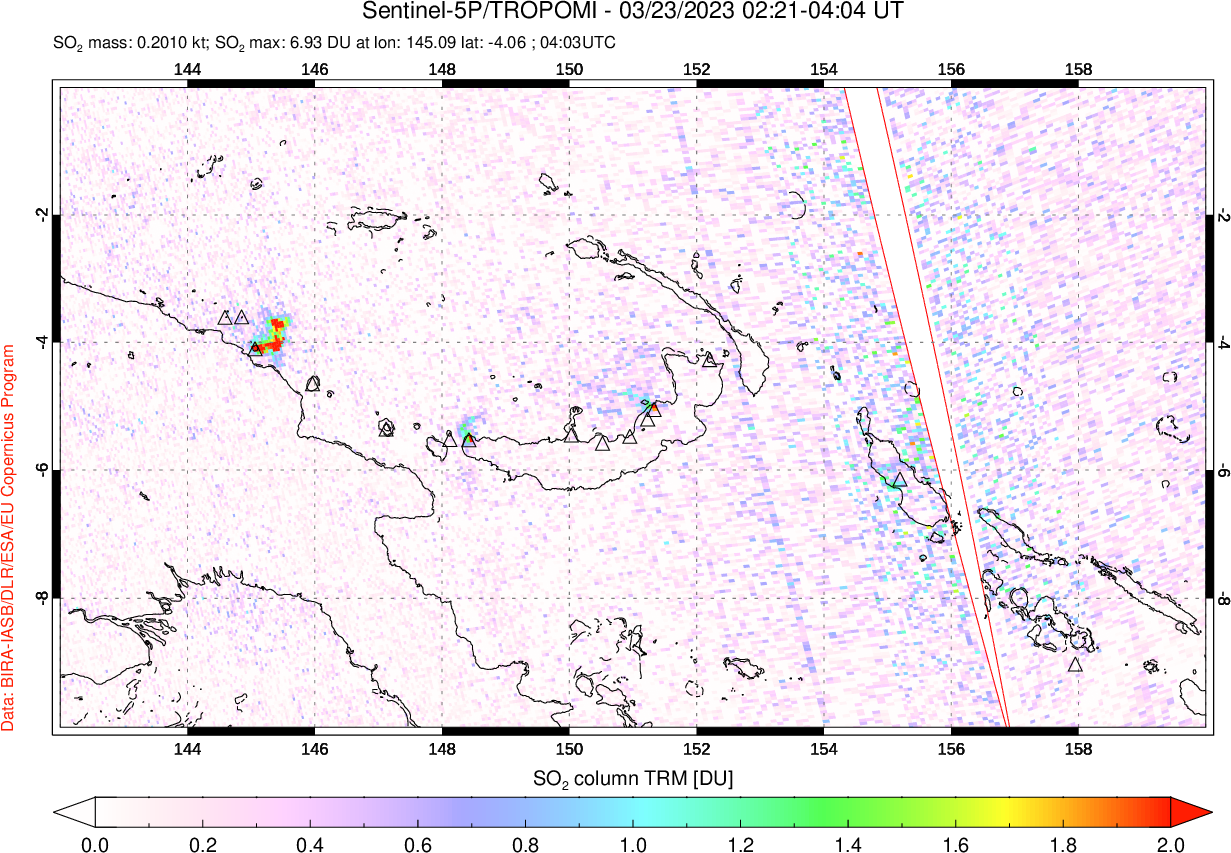 A sulfur dioxide image over Papua, New Guinea on Mar 23, 2023.