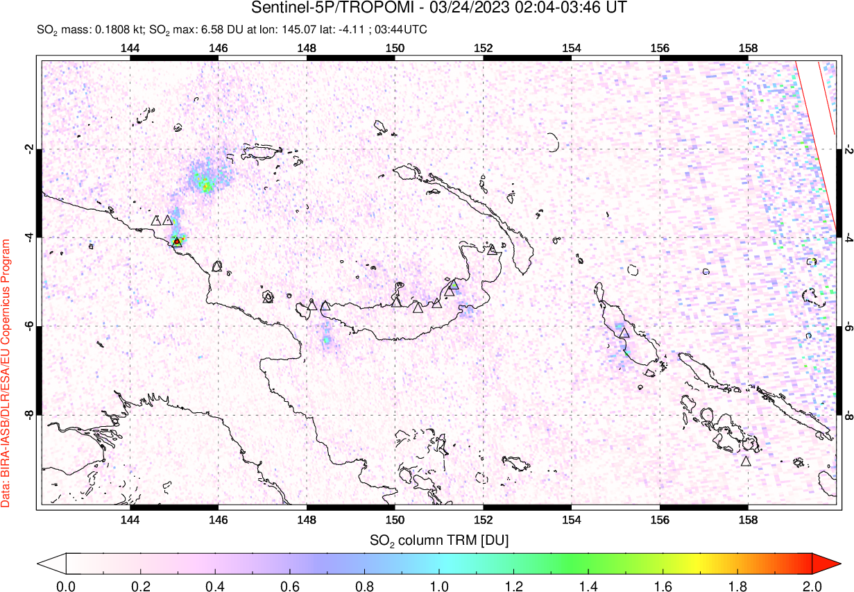 A sulfur dioxide image over Papua, New Guinea on Mar 24, 2023.