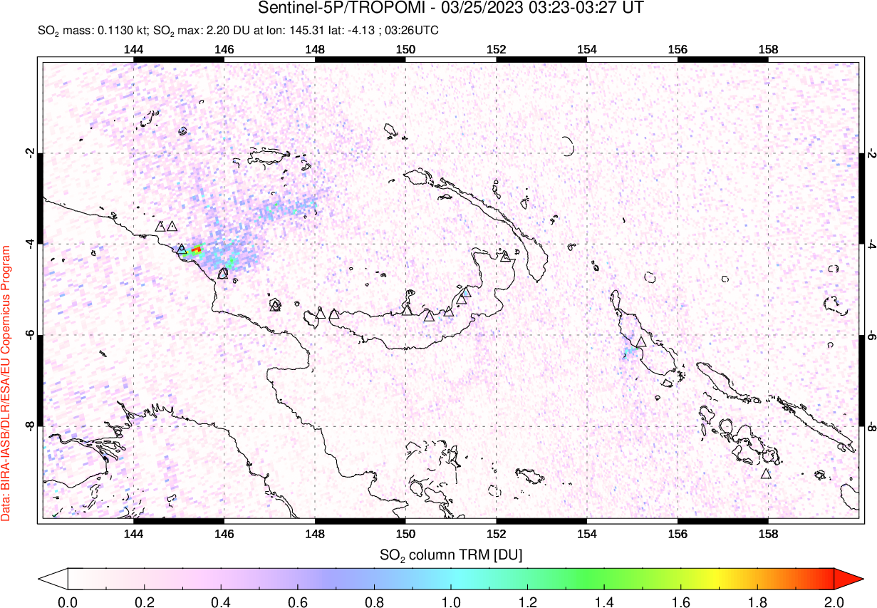 A sulfur dioxide image over Papua, New Guinea on Mar 25, 2023.