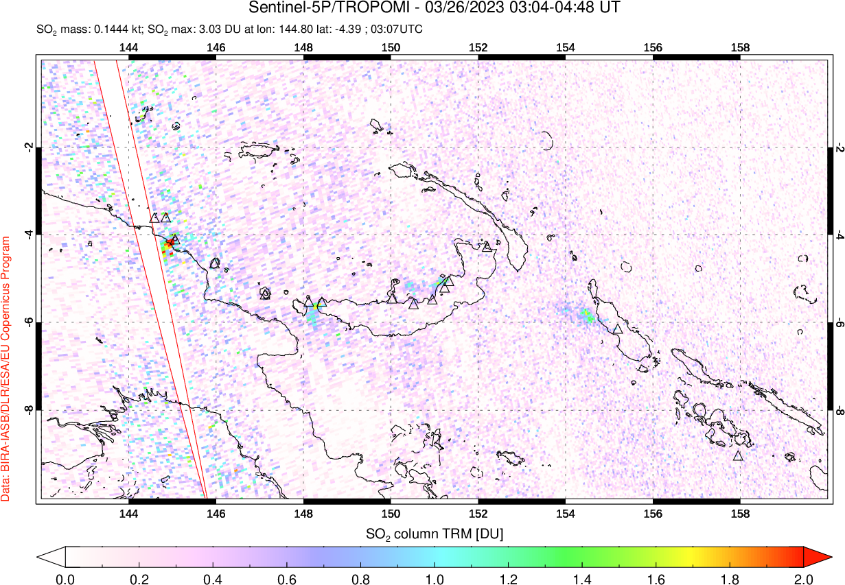 A sulfur dioxide image over Papua, New Guinea on Mar 26, 2023.