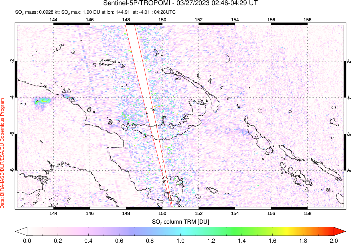 A sulfur dioxide image over Papua, New Guinea on Mar 27, 2023.