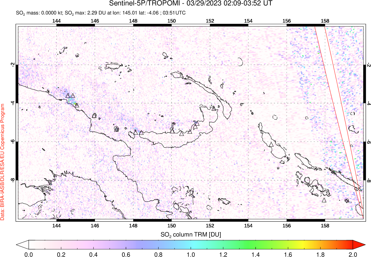 A sulfur dioxide image over Papua, New Guinea on Mar 29, 2023.