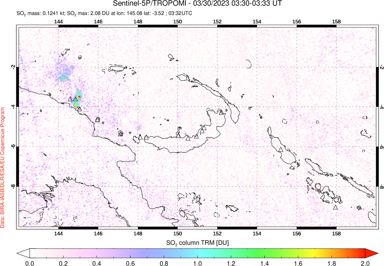 A sulfur dioxide image over Papua, New Guinea on Mar 30, 2023.