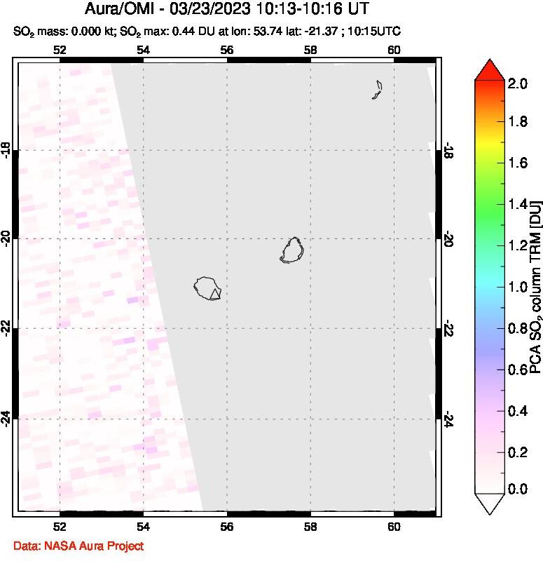 A sulfur dioxide image over Reunion Island, Indian Ocean on Mar 23, 2023.