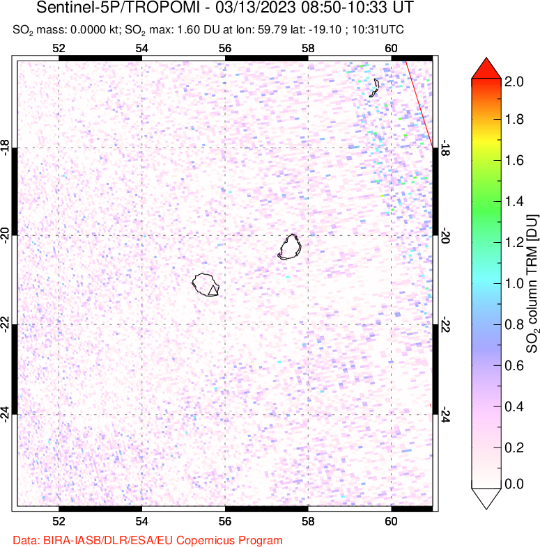 A sulfur dioxide image over Reunion Island, Indian Ocean on Mar 13, 2023.