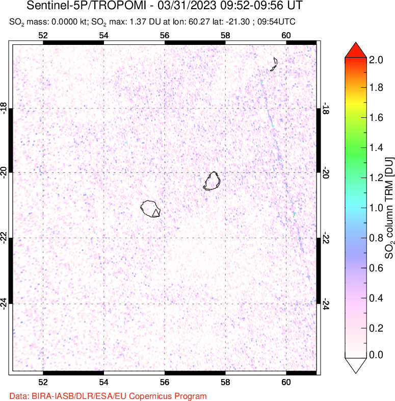 A sulfur dioxide image over Reunion Island, Indian Ocean on Mar 31, 2023.