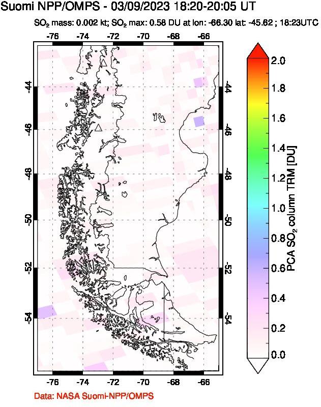 A sulfur dioxide image over Southern Chile on Mar 09, 2023.