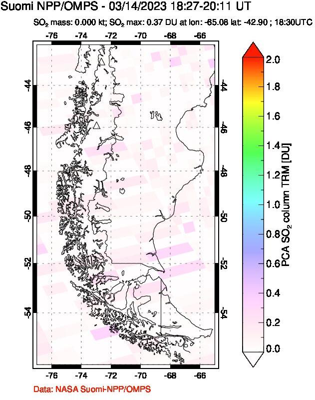 A sulfur dioxide image over Southern Chile on Mar 14, 2023.
