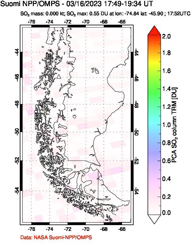 A sulfur dioxide image over Southern Chile on Mar 16, 2023.
