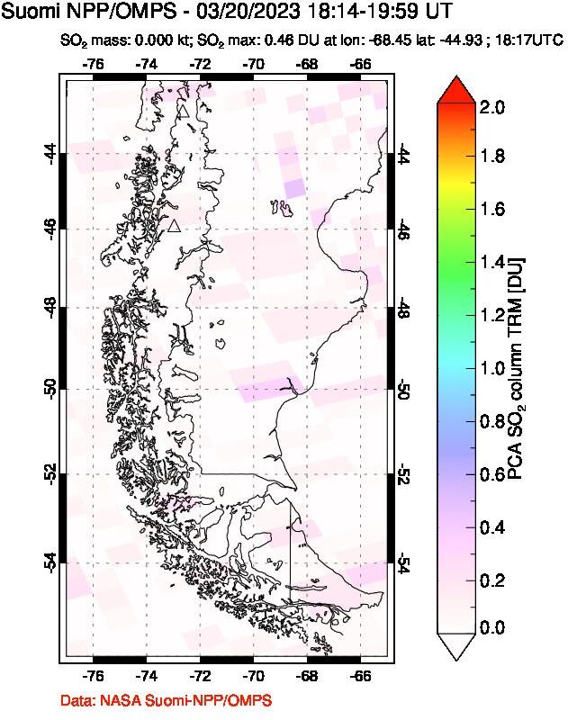 A sulfur dioxide image over Southern Chile on Mar 20, 2023.
