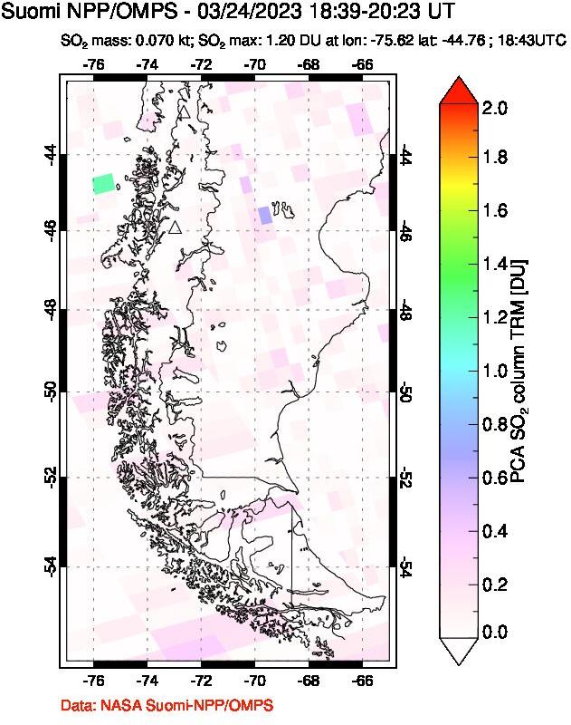 A sulfur dioxide image over Southern Chile on Mar 24, 2023.
