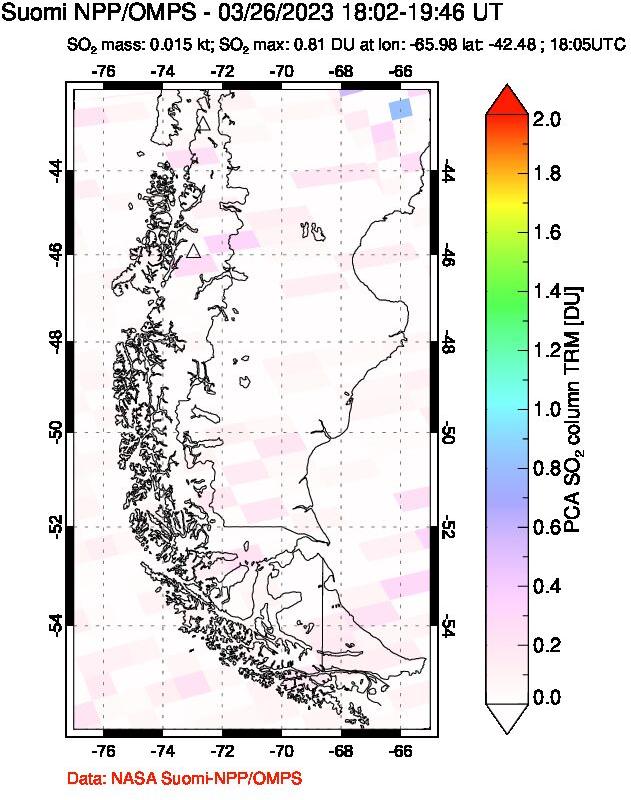 A sulfur dioxide image over Southern Chile on Mar 26, 2023.