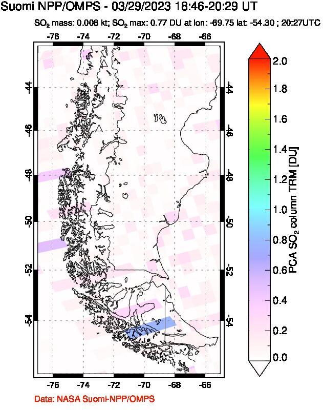 A sulfur dioxide image over Southern Chile on Mar 29, 2023.