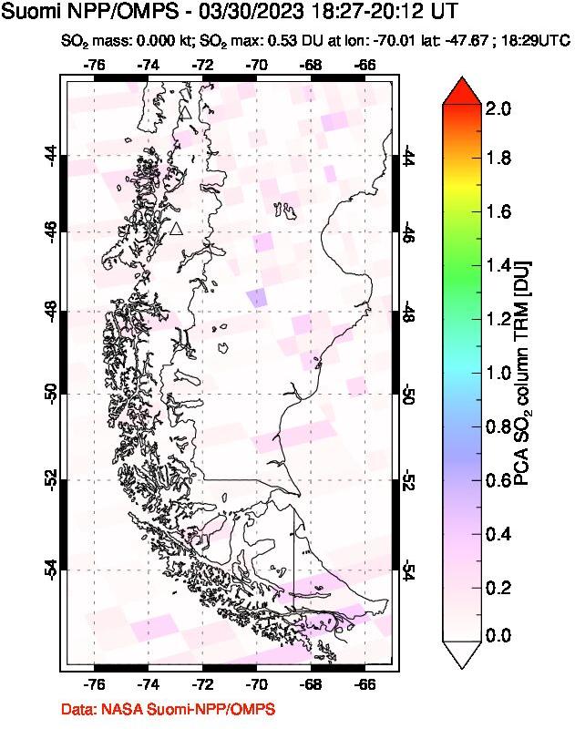 A sulfur dioxide image over Southern Chile on Mar 30, 2023.