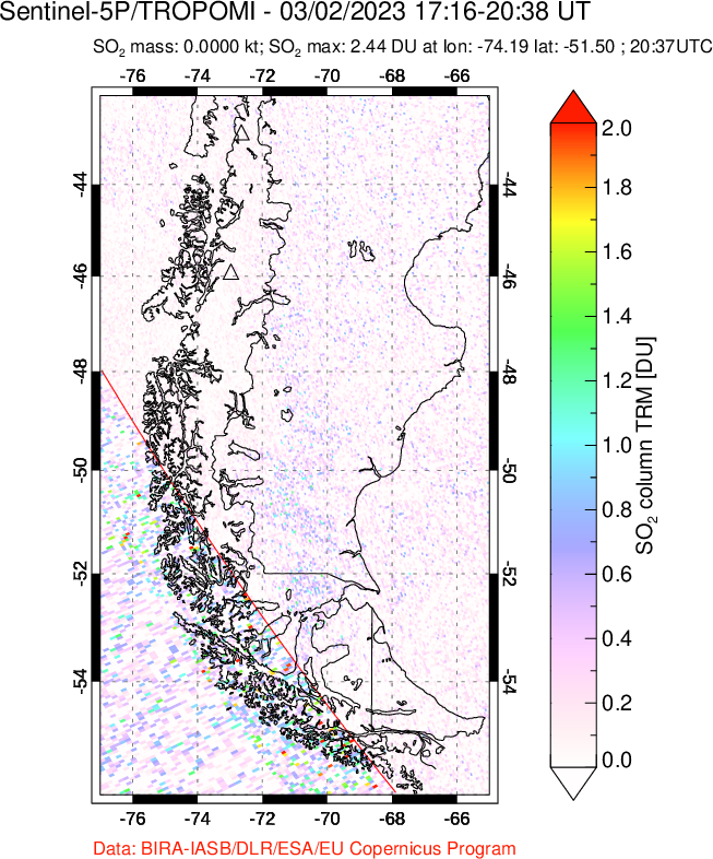 A sulfur dioxide image over Southern Chile on Mar 02, 2023.