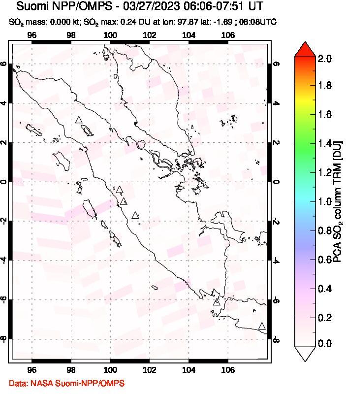 A sulfur dioxide image over Sumatra, Indonesia on Mar 27, 2023.