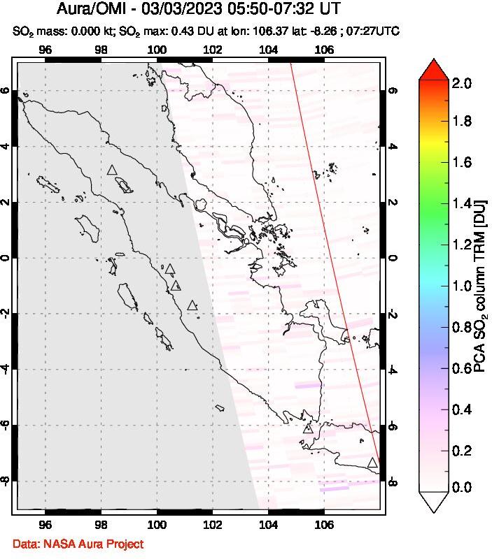 A sulfur dioxide image over Sumatra, Indonesia on Mar 03, 2023.