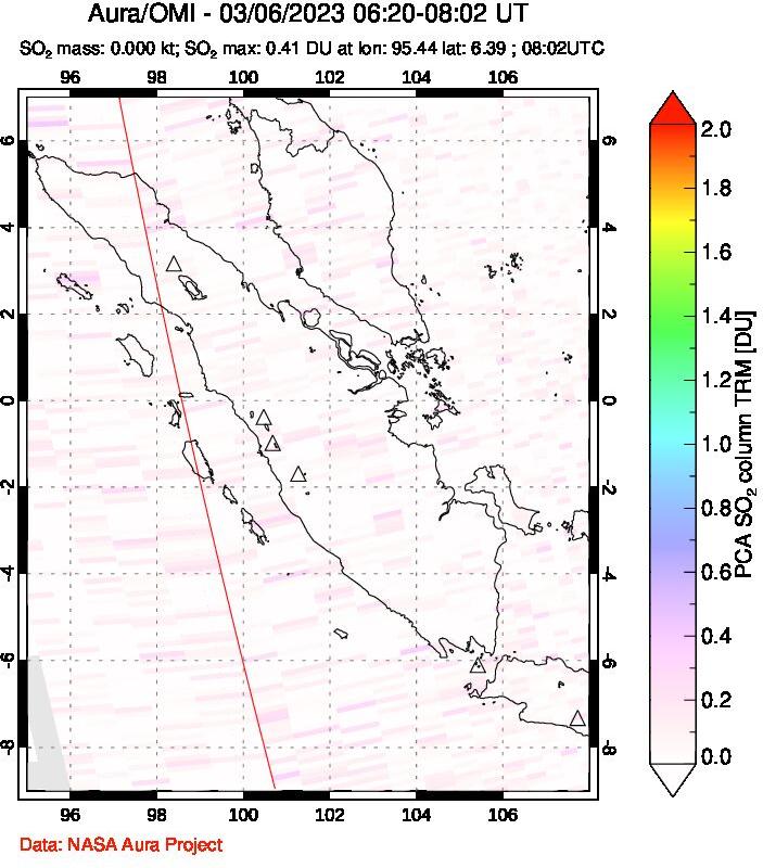 A sulfur dioxide image over Sumatra, Indonesia on Mar 06, 2023.