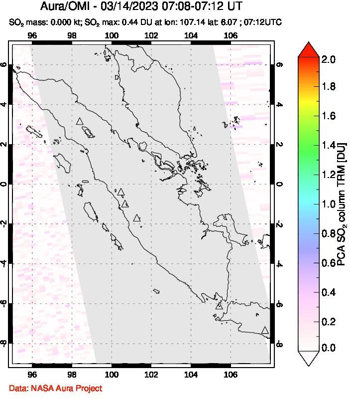 A sulfur dioxide image over Sumatra, Indonesia on Mar 14, 2023.