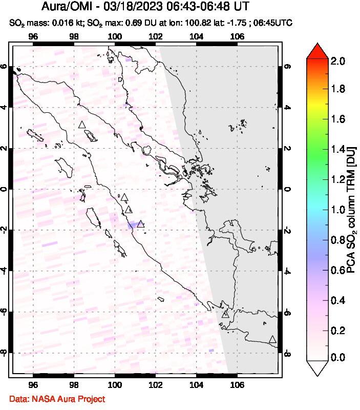 A sulfur dioxide image over Sumatra, Indonesia on Mar 18, 2023.