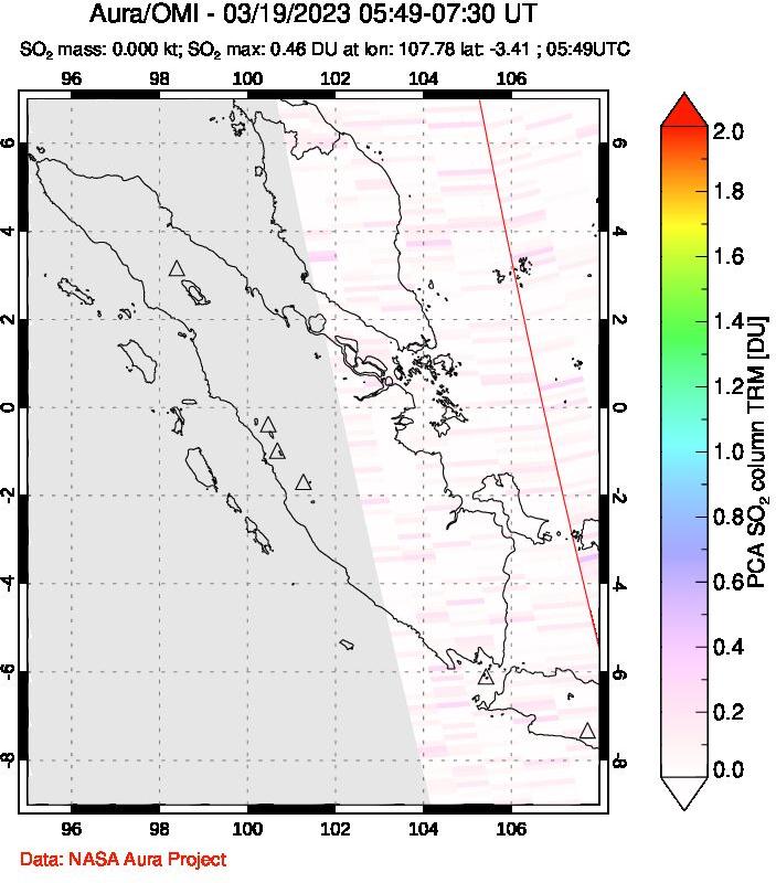 A sulfur dioxide image over Sumatra, Indonesia on Mar 19, 2023.