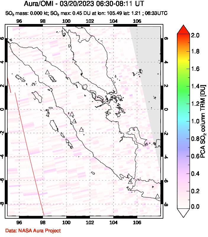 A sulfur dioxide image over Sumatra, Indonesia on Mar 20, 2023.