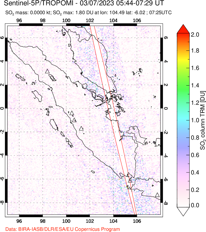 A sulfur dioxide image over Sumatra, Indonesia on Mar 07, 2023.