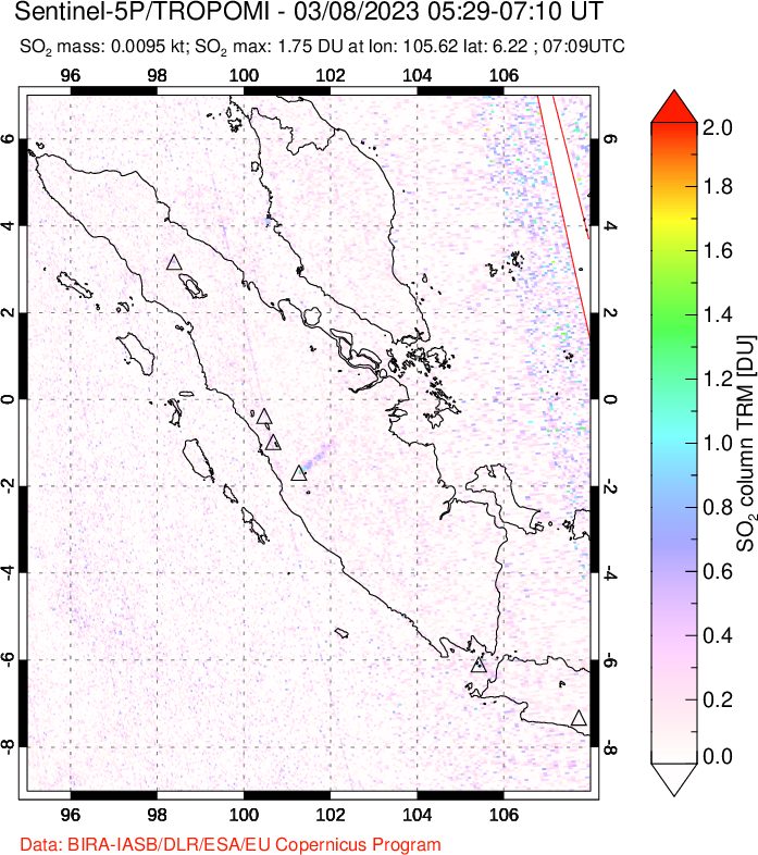 A sulfur dioxide image over Sumatra, Indonesia on Mar 08, 2023.