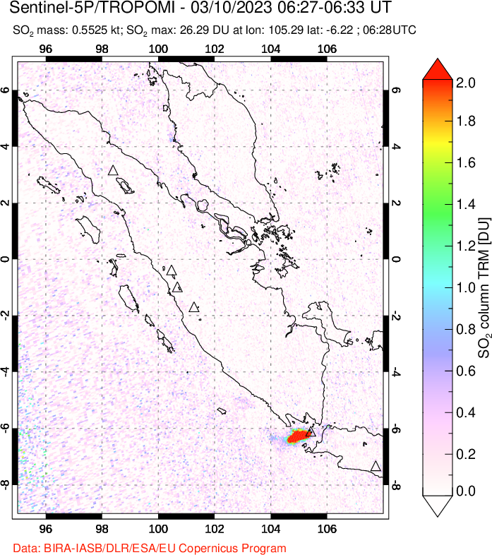 A sulfur dioxide image over Sumatra, Indonesia on Mar 10, 2023.