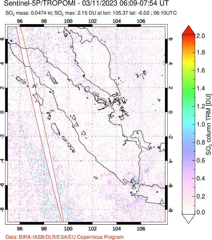 A sulfur dioxide image over Sumatra, Indonesia on Mar 11, 2023.