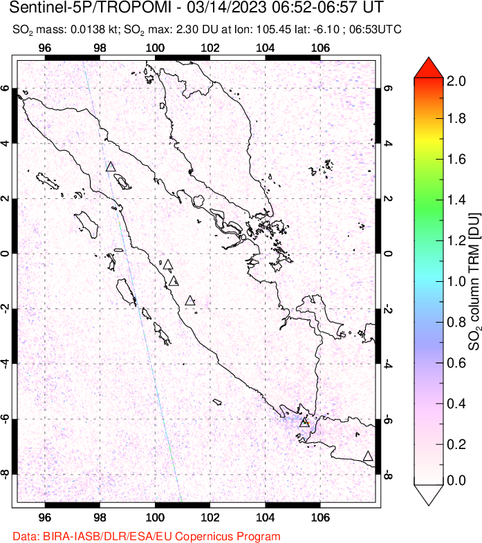 A sulfur dioxide image over Sumatra, Indonesia on Mar 14, 2023.