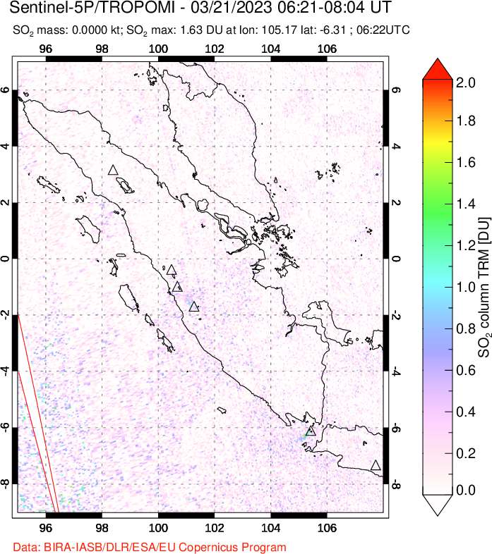 A sulfur dioxide image over Sumatra, Indonesia on Mar 21, 2023.