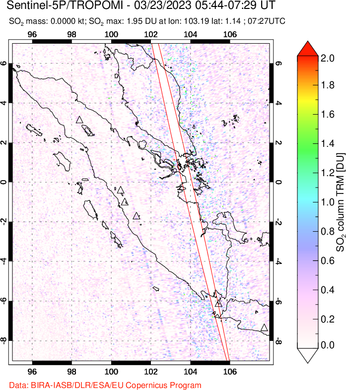 A sulfur dioxide image over Sumatra, Indonesia on Mar 23, 2023.