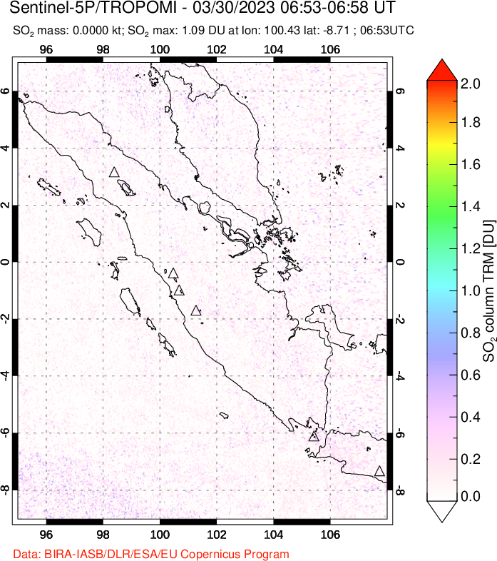 A sulfur dioxide image over Sumatra, Indonesia on Mar 30, 2023.