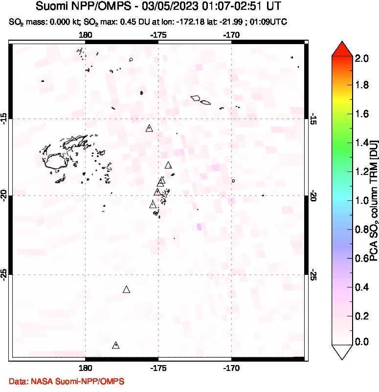 A sulfur dioxide image over Tonga, South Pacific on Mar 05, 2023.