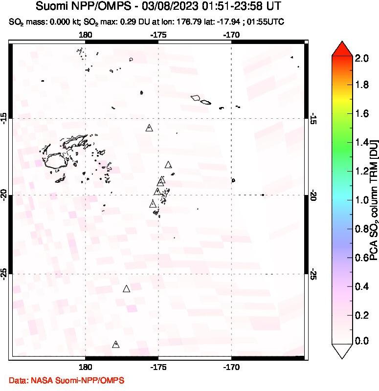 A sulfur dioxide image over Tonga, South Pacific on Mar 08, 2023.