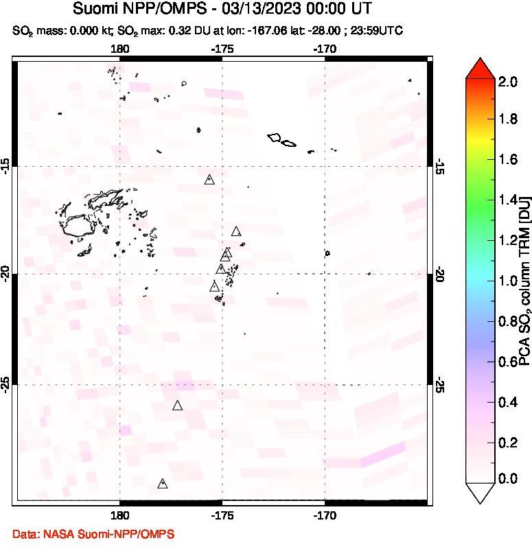A sulfur dioxide image over Tonga, South Pacific on Mar 13, 2023.