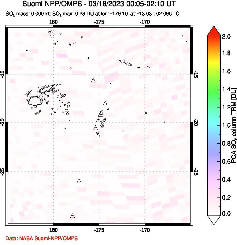A sulfur dioxide image over Tonga, South Pacific on Mar 18, 2023.