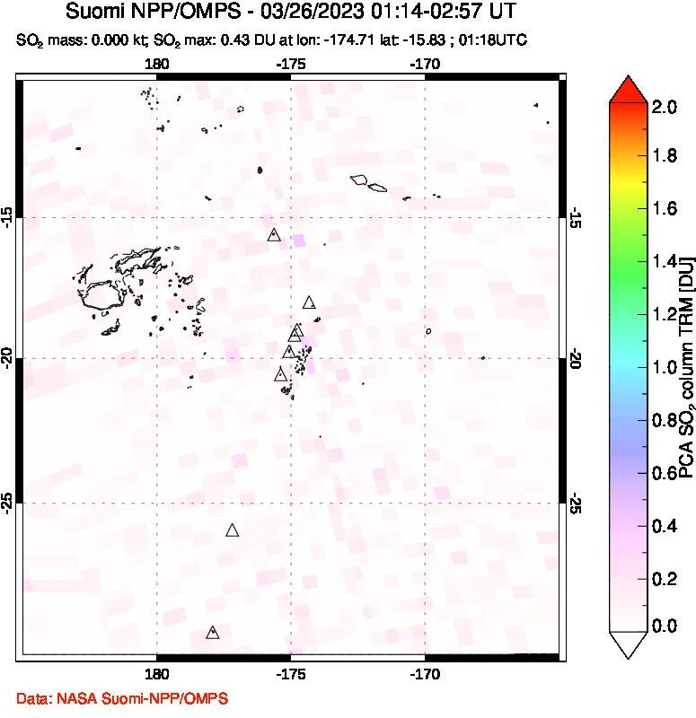 A sulfur dioxide image over Tonga, South Pacific on Mar 26, 2023.