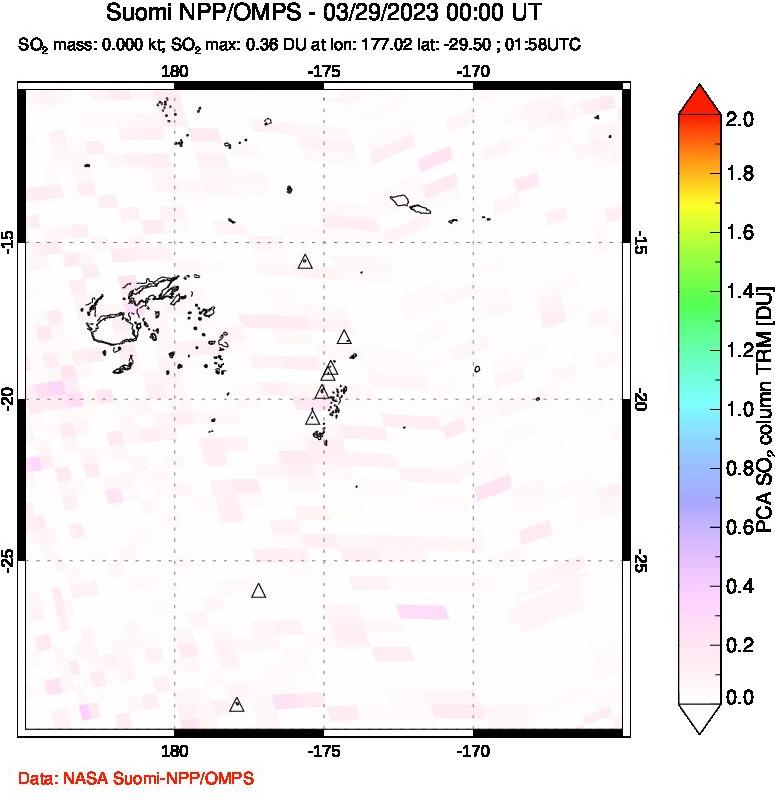 A sulfur dioxide image over Tonga, South Pacific on Mar 29, 2023.