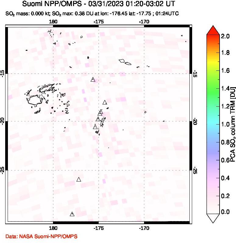 A sulfur dioxide image over Tonga, South Pacific on Mar 31, 2023.